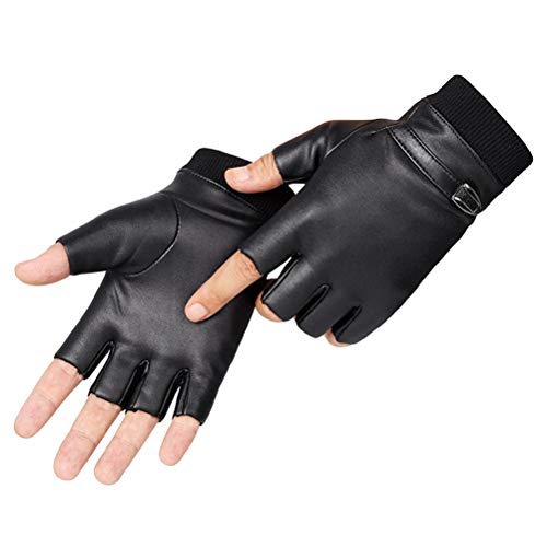 LIOOBO Guantes de Cuero PU Ciclismo, Medio Dedo, Guantes tácticos, Guantes de conducción para Hombres, Mujeres (Negro, tamaño Libre)