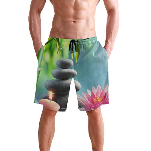 LISNIANY Bañador Hombre，Flor de Loto con Velas de bambú de relajación Diseño de Tema de meditación Zen，Natación Secado Rápido Malla Pantalones Imprimiendo Cortos(L)