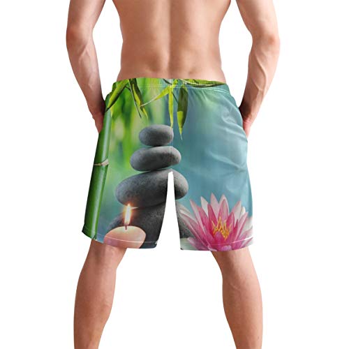 LISNIANY Bañador Hombre，Flor de Loto con Velas de bambú de relajación Diseño de Tema de meditación Zen，Natación Secado Rápido Malla Pantalones Imprimiendo Cortos(L)