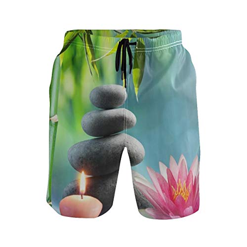 LISNIANY Bañador Hombre，Flor de Loto con Velas de bambú de relajación Diseño de Tema de meditación Zen，Natación Secado Rápido Malla Pantalones Imprimiendo Cortos(L)