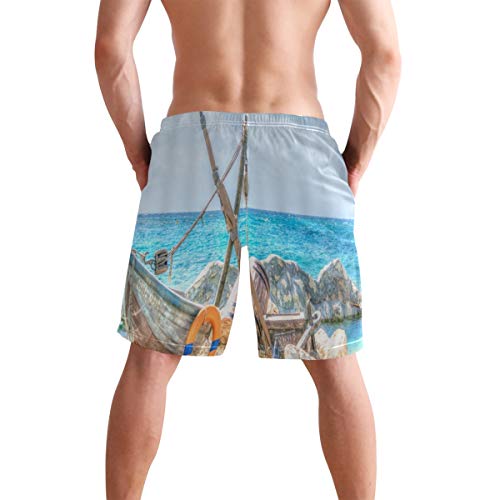 LISNIANY Bañador Hombre，Océano Barco Retro Arte Balsa de Madera Amarre Cardumen Arrecife Roca Tranquilo Mar Ola Ondulación Cielo，Natación Secado Rápido Malla Pantalones Imprimiendo Cortos(S)