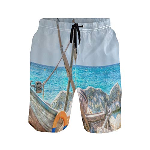 LISNIANY Bañador Hombre，Océano Barco Retro Arte Balsa de Madera Amarre Cardumen Arrecife Roca Tranquilo Mar Ola Ondulación Cielo，Natación Secado Rápido Malla Pantalones Imprimiendo Cortos(S)