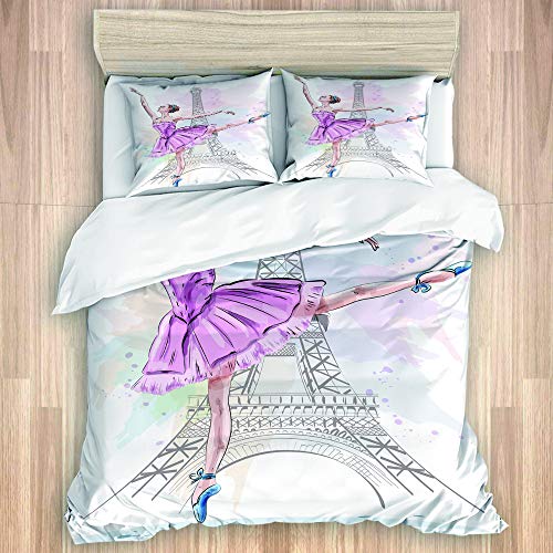 LISNIANY Bedding Juego Funda Edredón,Hermosa Bailarina posando Bailando Fondo Torre Eiffel,Bailarina Ballet niña Dibujada,Microfibra Funda Nórdico Fundas Almohada (Cama 140x200cm+Almohada 50X80cm)