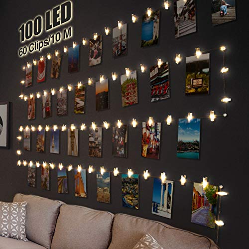 Litogo Clip Cadena de Luces LED, 10m 100 Led Colgar Fotos de Luces 60 Pinzas Para Fotos Fotoclips Guirnalda de Luces Pinzas con Luz para Colgar Fotos Por decoración, Habitaciones, Bodas,Cumpleaños