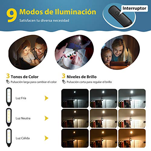 LITOM Luz de Lectura, Luz de Libro Recargable con 60H de Autonomía, 7 LED con 9 Modos de Luz, 360° Flexible Lampara de Lectura Pinza para Lectores Noche, E-Reader, Libro, PC y Tablet