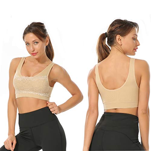 Litthing 1/2/3 Piezas Sujetadore Deportivo Encaje Sexy Transpirable Confort Yoga Deportes de Yoga para Mujeres（Negro+Blanco+Carne, XXL