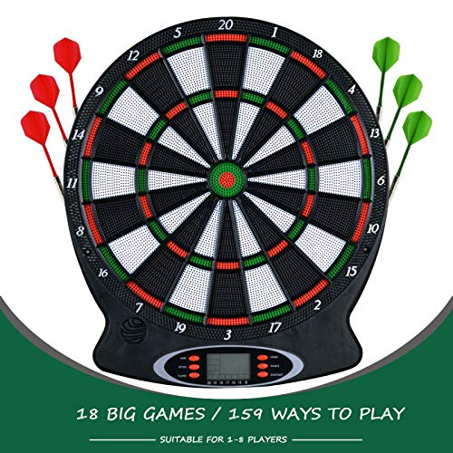 LIUXR Diana electrónica, Juegos de Diana, 18 Juegos y 159 Variantes de Juego,Pantalla LCD Scoring Indicator Target Board con 6 Dardos para 16 Jugadores,Black