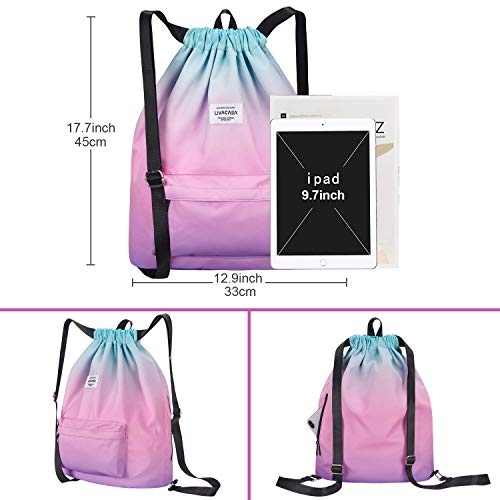 LIVACASA Mochilas de Cuerdas Ancho Hombre Mujer Grandes Bolsas de Cuerdas Gimnasio Cordones Cómodos Ajustable con Asa A Prueba de Agua para Playa Piscina Verde Rosa Morado