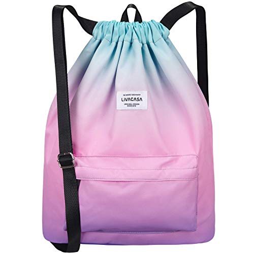 LIVACASA Mochilas de Cuerdas Ancho Hombre Mujer Grandes Bolsas de Cuerdas Gimnasio Cordones Cómodos Ajustable con Asa A Prueba de Agua para Playa Piscina Verde Rosa Morado