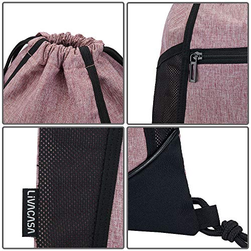 LIVACASA Mochilas de Cuerdas Hombre Mujer Grandes Bolsas de Cuerdas Gimnasio Cordones Cómodos Ajustable con Malla de Bolsillos para Botellas y Bolsillo Laterial Delantero (Rosa)