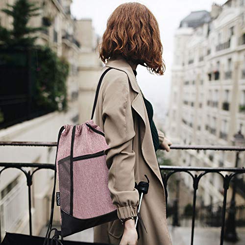 LIVACASA Mochilas de Cuerdas Hombre Mujer Grandes Bolsas de Cuerdas Gimnasio Cordones Cómodos Ajustable con Malla de Bolsillos para Botellas y Bolsillo Laterial Delantero (Rosa)