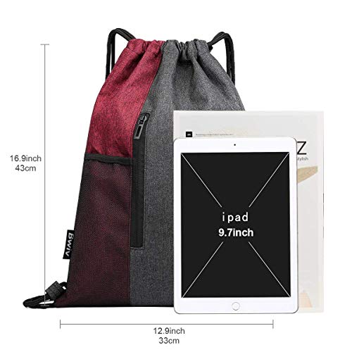 LIVACASA Mochilas de Cuerdas Mujer Hombre Toma USB para Auriculares con Bolsillos Mallas para Botellas Tela Oxford Bolsa de Cuerdas Mochilas Impermeables para Yoga Gimnasio Deportes Burdeos 43 * 33cm