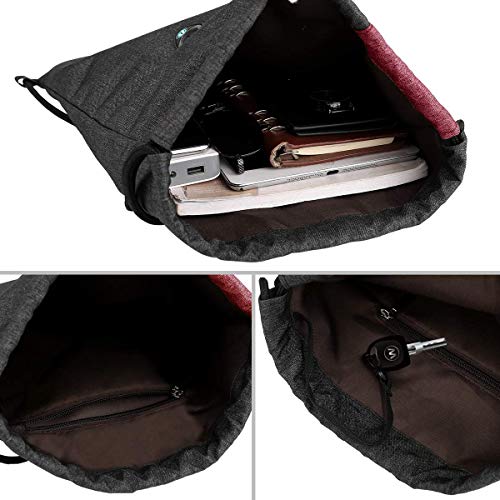 LIVACASA Mochilas de Cuerdas Mujer Hombre Toma USB para Auriculares con Bolsillos Mallas para Botellas Tela Oxford Bolsa de Cuerdas Mochilas Impermeables para Yoga Gimnasio Deportes Burdeos 43 * 33cm