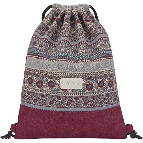 LIVACASA Mochilas de Cuerdas Mujeres Casual Mochilas Cordón Impermeable Gimnasio Deportes Ligero Gym Bag Burdeos Estampado Florales 43×33cm LIVACASA Mochilas de Cuerdas Mujeres Casual Mochilas Cordón Impermeable Gimnasio Deportes Ligero Gym Bag Burdeos Estampado Florales 43×33cm