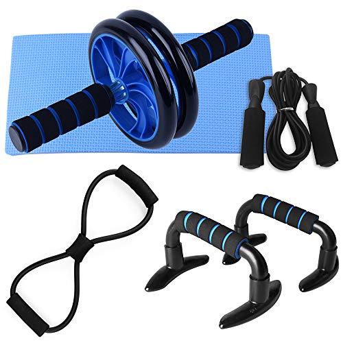 Lixada 5 PCS Home Gym Fitness Set—Rueda de Rodillos—Abdominales 8 Forma Resistencia Banda—Jump Rope—Push up Bars—Cojín