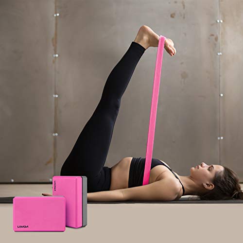 Lixada Bloque de Yoga con Correa de Estiramiento de Yoga Ajustable Accesorio Versátil para Ejercicios de Yoga Pilates (Rosa Rojo y Gris)