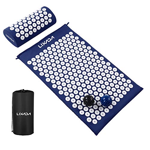 Lixada Estera de Acupresión y Almohada Kit con 2 pcs Bolas de Masaje de Punta para Alivio del Dolor Muscular del Espalda/Cuello/Pies