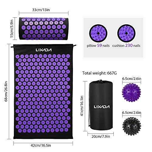 Lixada Estera de Acupresión y Almohada Kit con 2 pcs Bolas de Masaje de Punta para Alivio del Dolor Muscular del Espalda/Cuello/Pies