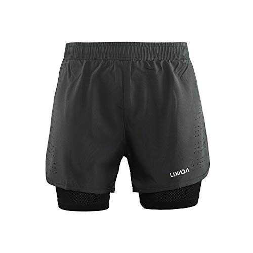 Lixada Hombres Pantalónes Cortos de Running 2-en-1, Pantalones Cortos de Atletismo, Pantalones Cortos de Fitness Maratón, Transpirable Pantalones+Secado Rápido (Gris Oscuro, L)