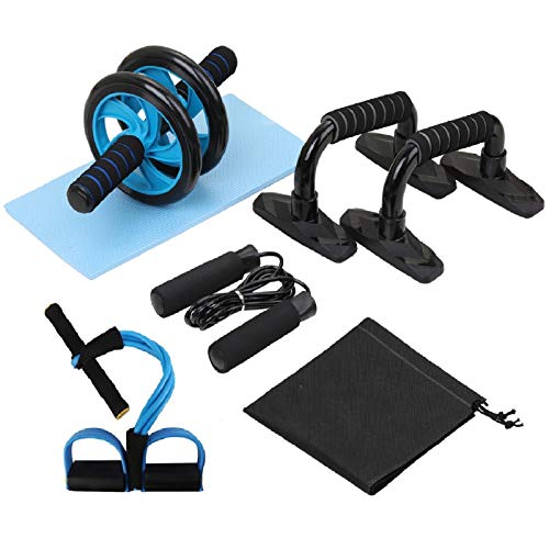 Lixada Kit de rodillo de rueda AB 5 en 1, rueda de prensa abdominal con barra push-up, cuerda de saltar y rodillera, equipo portátil para ejercicio en casa, fuerza muscular (opcional)