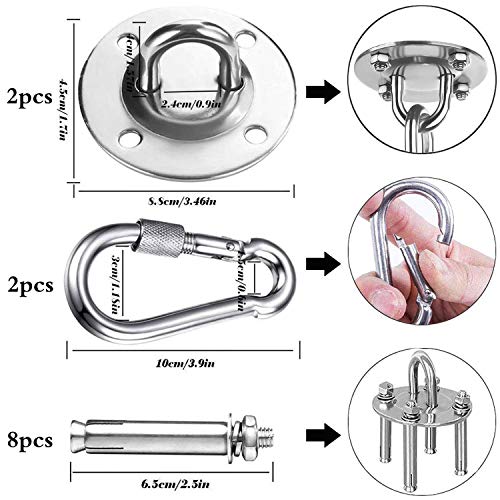 LIZHIGE Inoxidable Ganchos de Techo, Anclajes de Techo, Capacidad 450Kg Kit de Ganchos para Hamaca, U-Tipo Gancho Fijo con Mosquetones y Tornillos, para Yoga, Hamacas, Sillón Colgante, Sacos de Boxeo