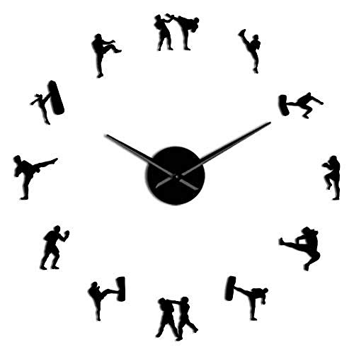 LJJYF Modern Mute Kickboxing Sport Autoadhesivo DIY 3D Reloj de Pared Regalo para él Cuarzo Acrílico Espejo Efecto Pegatina Taekwondo Design Reloj Reloj (Negro)