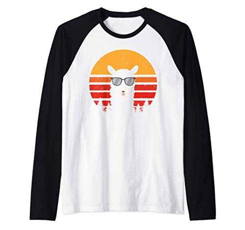 Llama fresca con gafas de sol vintage atardecer adulto niños Camiseta Manga Raglan