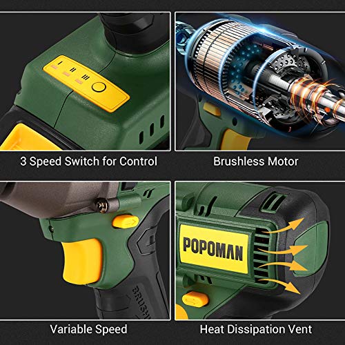 Llave de Impacto Brushless, POPOMAN 4.0Ah Batería Pistola de Impacto 350NM, 3 Velocidades Varibles, 3 Vasos de impacto 17, 19, 21 mm, Cargadro Rápido, 13 mm Mandril, Caja Compacta