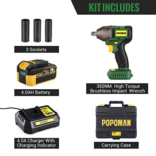 Llave de Impacto Brushless, POPOMAN 4.0Ah Batería Pistola de Impacto 350NM, 3 Velocidades Varibles, 3 Vasos de impacto 17, 19, 21 mm, Cargadro Rápido, 13 mm Mandril, Caja Compacta