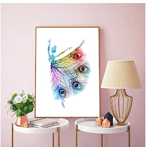 LLXHG Bailarina Abstracta Impresiones De Baile Plumas De Pavo Real Coloridos Carteles De Silueta Bebé Niña Guardería Pared Arte Lienzo Pintura Decoración-40X50Cmx2Pcs Sin Marco