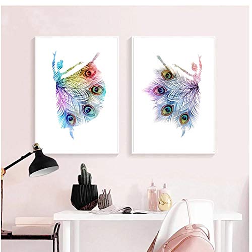 LLXHG Bailarina Abstracta Impresiones De Baile Plumas De Pavo Real Coloridos Carteles De Silueta Bebé Niña Guardería Pared Arte Lienzo Pintura Decoración-40X50Cmx2Pcs Sin Marco