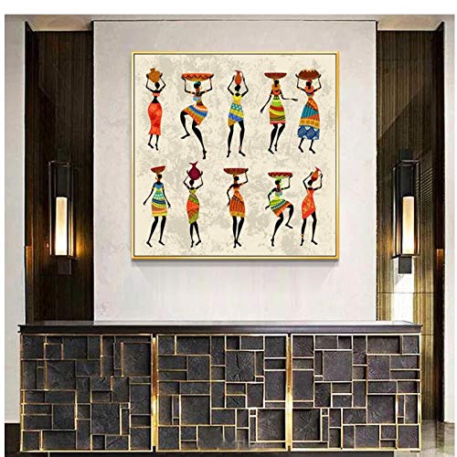 LLXHG Mujer Africana Bailando Funda De Cojín Lienzo Pintura Carteles E Impresiones Vintage Cuadro De Arte De Pared para Sala De Estar Decoración del Hogar-70X70Cm Sin Marco