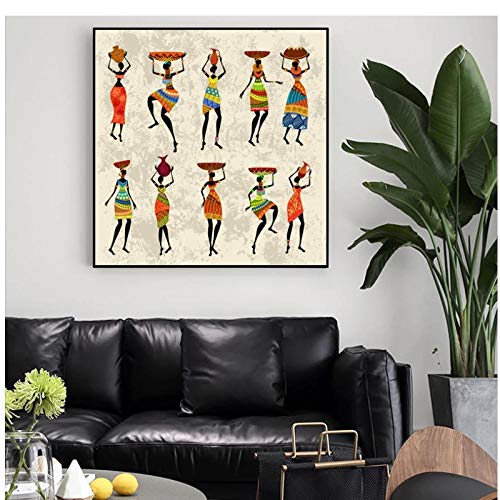 LLXHG Mujer Africana Bailando Funda De Cojín Lienzo Pintura Carteles E Impresiones Vintage Cuadro De Arte De Pared para Sala De Estar Decoración del Hogar-70X70Cm Sin Marco