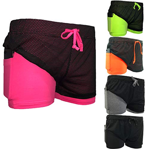 Loalirando - Pantalones cortos de deporte para mujer, 2 en 1, con forro para yoga, fitness, gimnasio, con bolsillo para teléfono de secado rápido Negro y rosado S