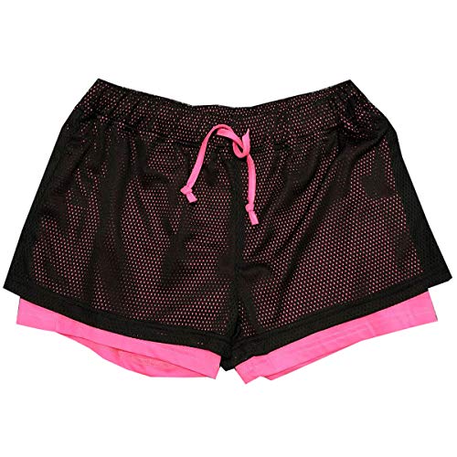 Loalirando - Pantalones cortos de deporte para mujer, 2 en 1, con forro para yoga, fitness, gimnasio, con bolsillo para teléfono de secado rápido Negro y rosado S