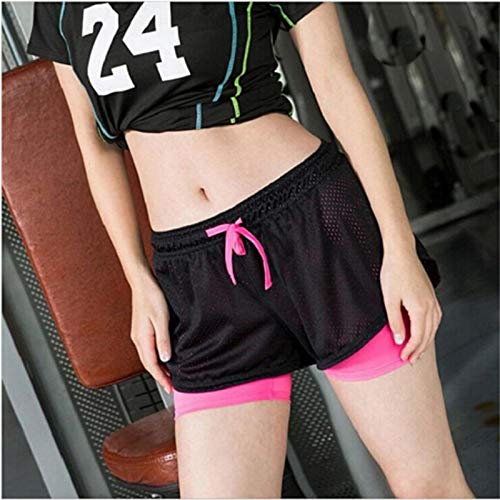 Loalirando - Pantalones cortos de deporte para mujer, 2 en 1, con forro para yoga, fitness, gimnasio, con bolsillo para teléfono de secado rápido Negro y rosado S