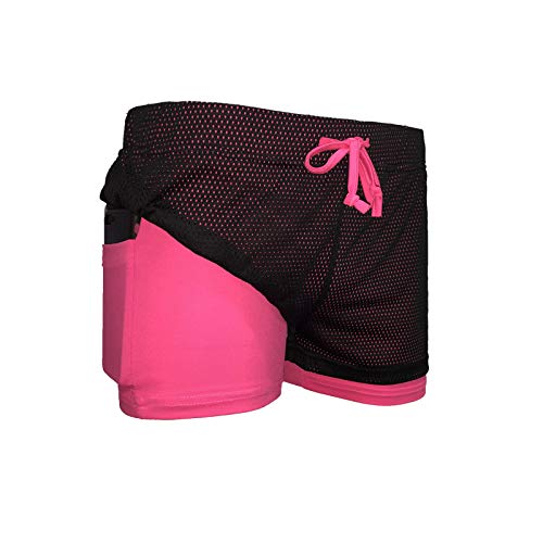 Loalirando - Pantalones cortos de deporte para mujer, 2 en 1, con forro para yoga, fitness, gimnasio, con bolsillo para teléfono de secado rápido Negro y rosado S