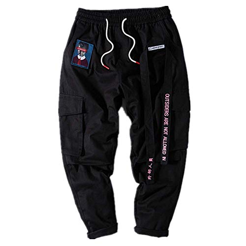 Loeay Pantalones de Carga para Hombre Joggers Harem Streetwear Pantalones Bordado de Letras Pantalones Casuales Pantalones de Hip Hop de Carga Rosa Populares Negro M