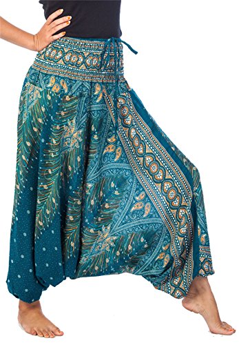 Lofbaz Women's Peacock Print 2 in 1 Harem Pants Jumpsuit Verde Trullo M