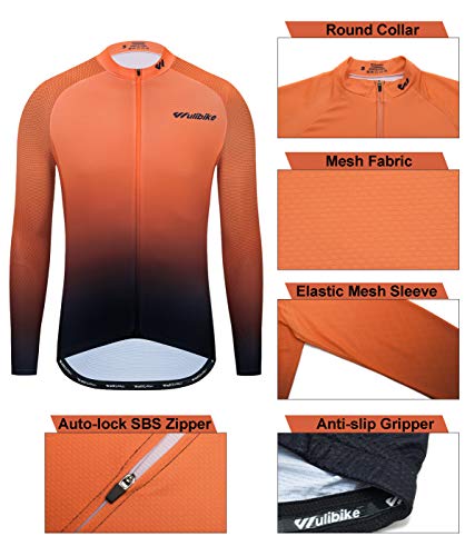 logas Maillot de ciclismo para hombre, de manga corta o larga, transpirable, para bicicleta, de secado rápido, para mountainbike, con bolsillos traseros, Hombre, Gradiente Naranja Manga Larga, XL