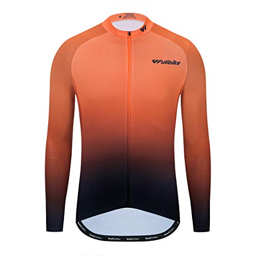 logas Maillot de ciclismo para hombre, de manga corta o larga, transpirable, para bicicleta, de secado rápido, para mountainbike, con bolsillos traseros, Hombre, Gradiente Naranja Manga Larga, XL