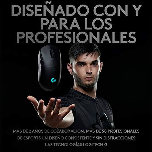 Logitech G PRO Ratón Gaming Inalámbrico, Sensor HERO 16K, 16,000 DPI, RGB, Peso Reducido, 4 hasta 8 Botones Programables, Batería Larga Duración, Memoria Integrada, PC/Mac - Negro