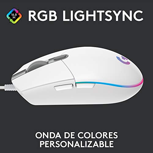 Logitech G203 LIGHTSYNC Ratón con iluminación RGB personalizable para gaming, 6 botones programables, sensor para gaming, seguimiento de hasta 8.000 dpi, peso ligero,G203 2ª Gen.,Blanco