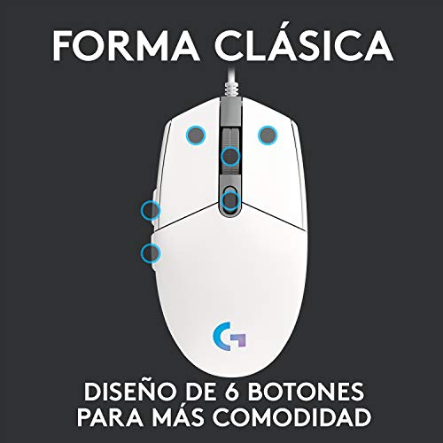 Logitech G203 LIGHTSYNC Ratón con iluminación RGB personalizable para gaming, 6 botones programables, sensor para gaming, seguimiento de hasta 8.000 dpi, peso ligero,G203 2ª Gen.,Blanco