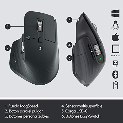 Logitech MX Master 3 Ratón Inalámbrico, Receptor USB, Bluetooth/2.4GHz, Desplazamiento Rápido, Seguimiento 4000 DPI en Cualquier Superficie, 7 Botones, Recargable,PC/Mac/Portátil/iPadOS,Gris oscuro