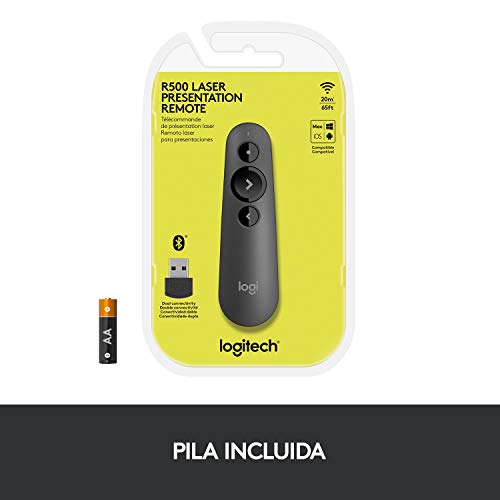 Logitech R500 Presentador Inalámbrico, 2.4 GHz con Receptor USB, Puntero Láser Digital Rojo, Distancia de 30 Metros, 6 Botones, Compatible con PC, Negro