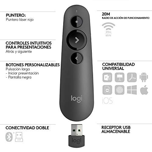Logitech R500 Presentador Inalámbrico, 2.4 GHz con Receptor USB, Puntero Láser Digital Rojo, Distancia de 30 Metros, 6 Botones, Compatible con PC, Negro
