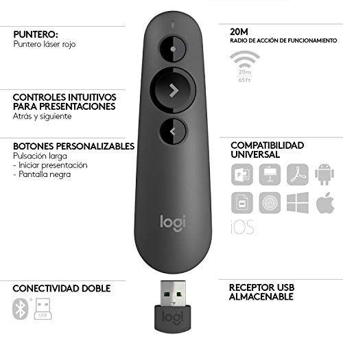 Logitech R500 Presentador Inalámbrico, 2.4 GHz con Receptor USB, Puntero Láser Digital Rojo, Distancia de 30 Metros, 6 Botones, Compatible con PC, Negro Logitech R500 Presentador Inalámbrico, 2.4 GHz con Receptor USB, Puntero Láser Digital Rojo, Distancia de 30 Metros, 6 Botones, Compatible con PC, Negro