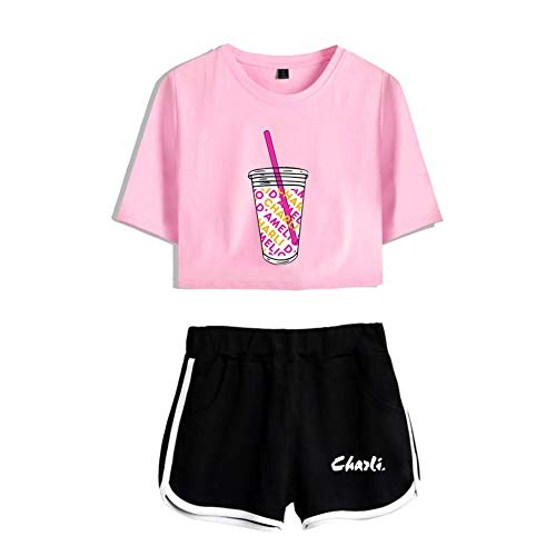 LOGO Chándales con Charli D'Amelio impresión Camisa y Pantalones Cortos de Verano para Mujer by WYHQL (Color : Pink+Black, Size : M)