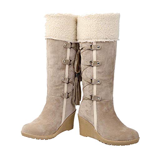 Logobeing Botines Mujer Planos Tacon Zapatos de Mujer Después de Lijar con Borlas Botas Altas Mangas Cuñas Botas de Nieve Zapatos de Plataforma(40,Beige)